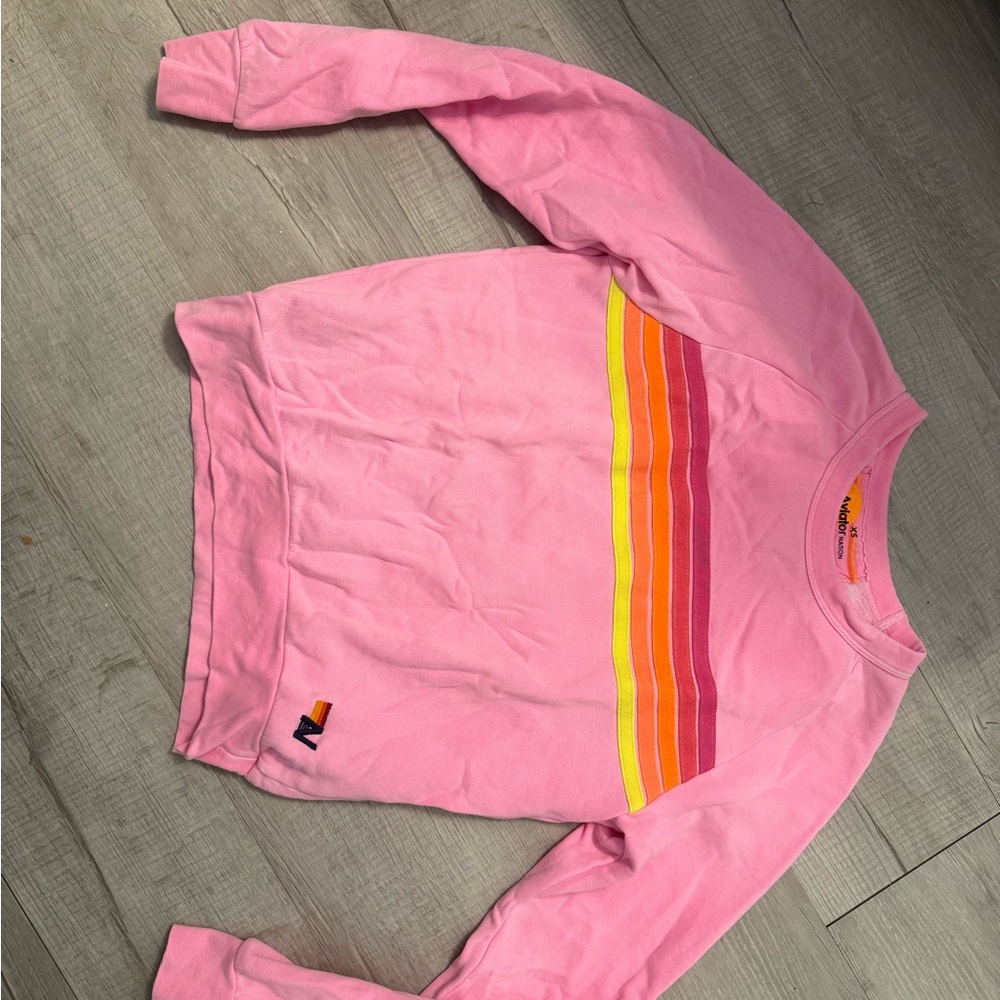 Pink Sweatshirt with Rainbow Stripes